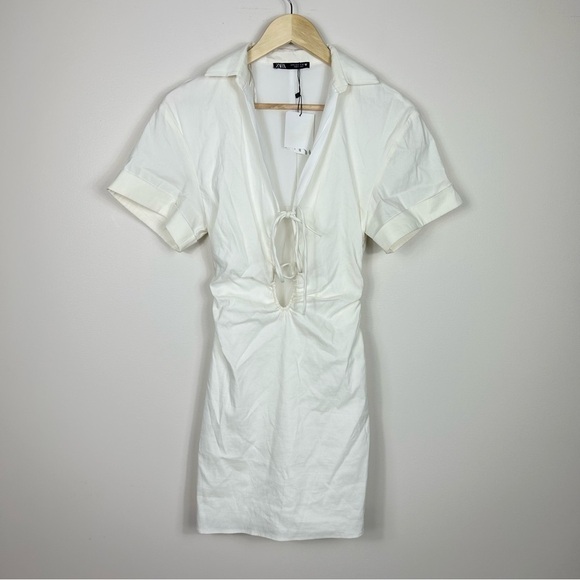 ZARA Blogger's favorite Off-White Strechy Linen Blend Cut out mini dress S - Picture 6 of 11